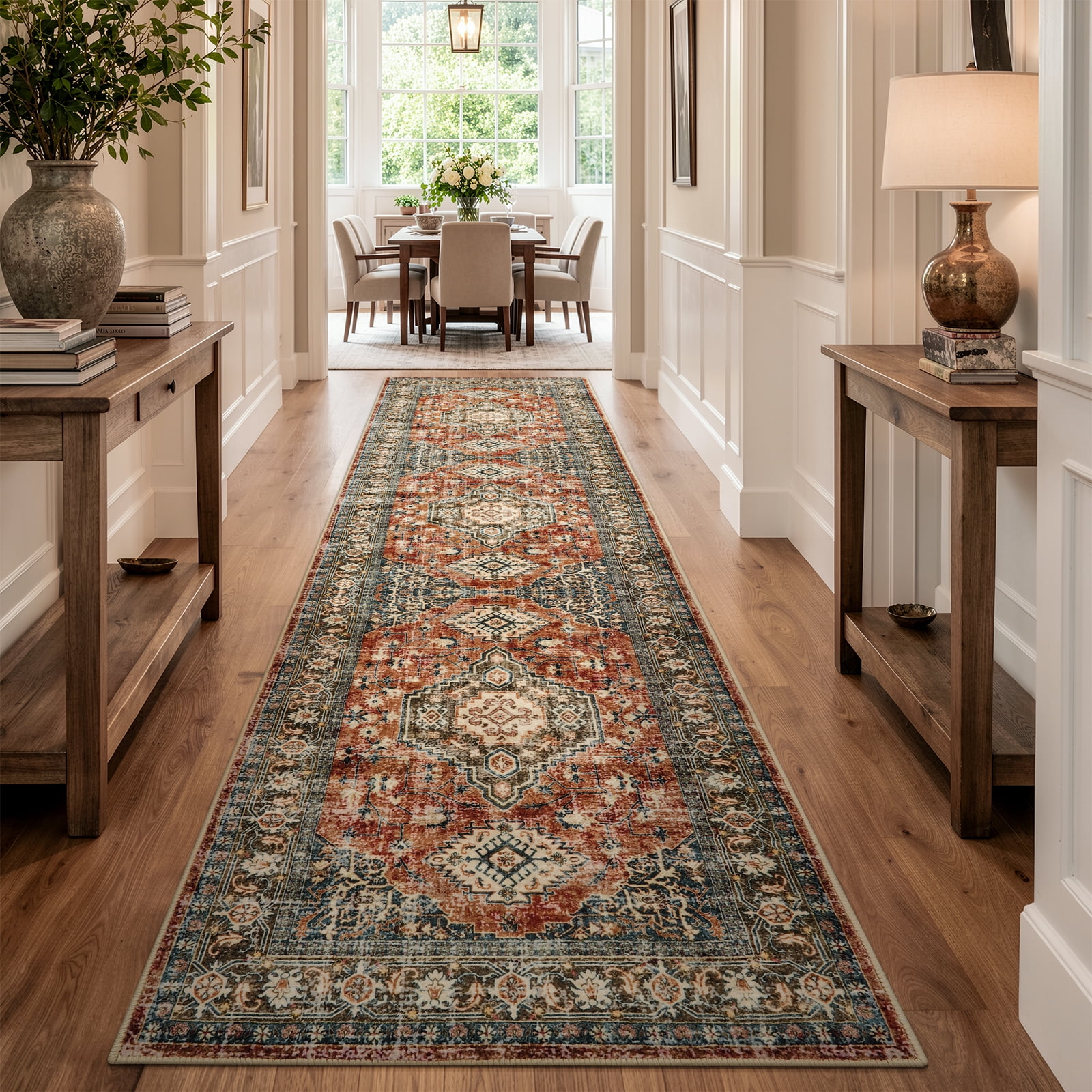 Lahome Washable Runner Rug, 2x8 Non-Slip Boho Vintage Hallway Rug Runner with Rubber Backing, Stain Resistant，Low Pile Faux Wool Distressed Carpet Runner for Bedroom, Kitchen, Laundry, Entrance