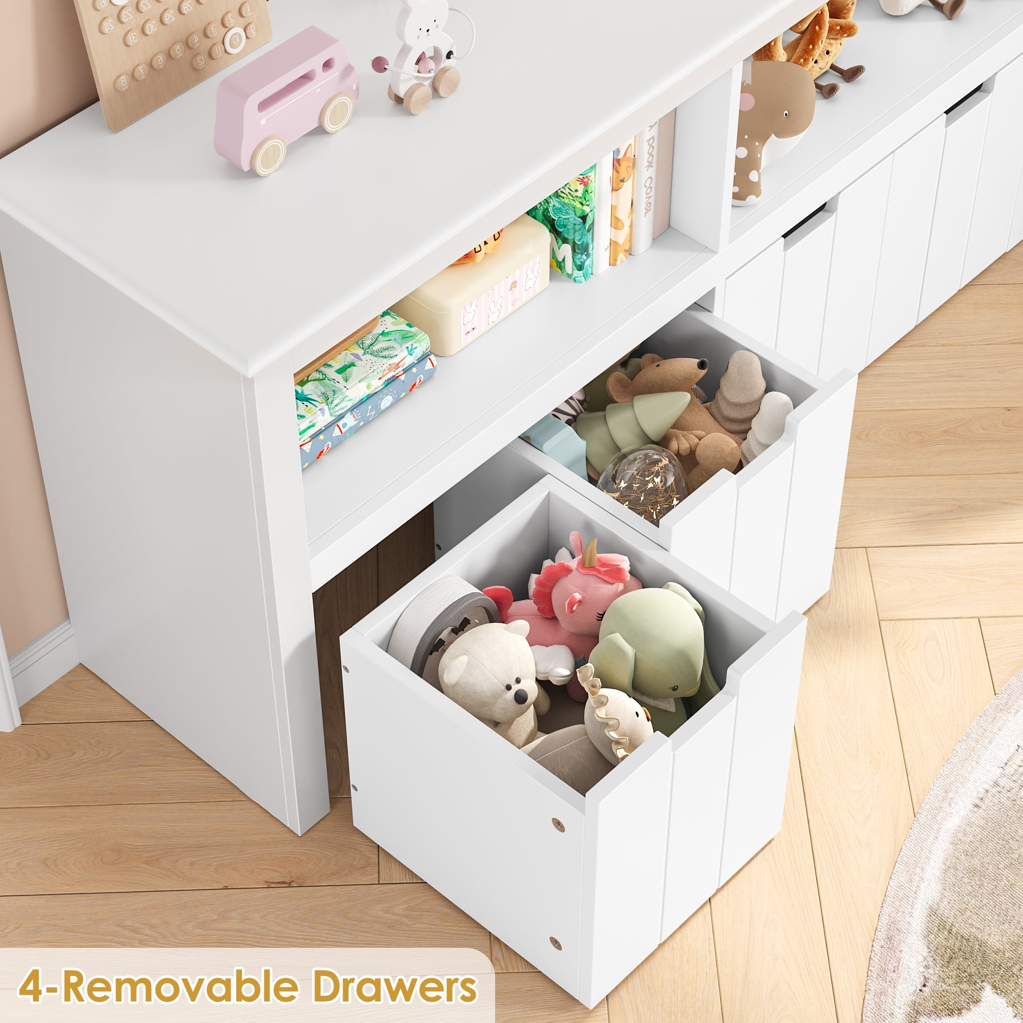 Homfa Kids Toy Storage with 4 Drawers, Cubes Storage Bin with Shelves and Wheels for Kids Living Room, White