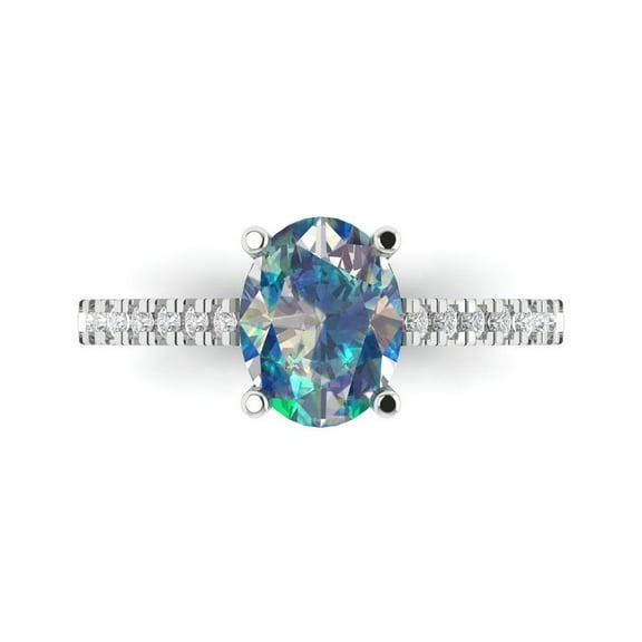 2.21 ct Oval Cut Blue Moissanite Solitaire with Simulated Diamond Accents 18K White Gold Womens Engagement Ring