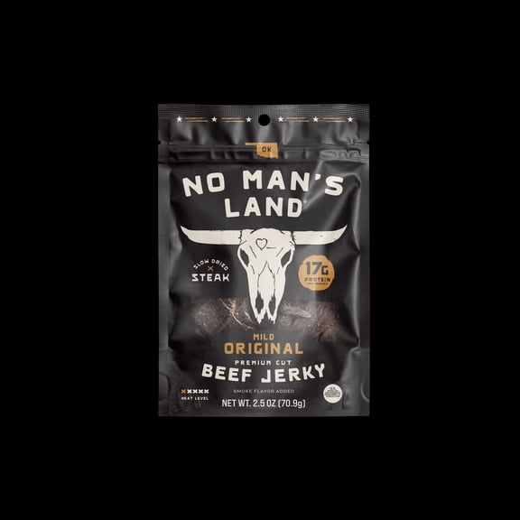 No Man’s Land Mild Beef Jerky, 2.5 oz Bag – 17g Protein per Serving, High Protein Snack