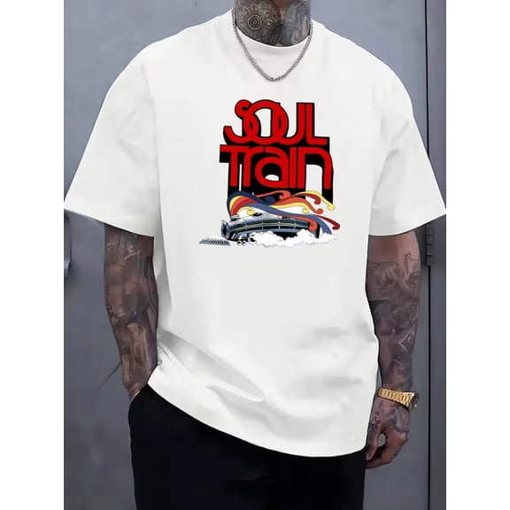 Summer New "Soul Train" Print Premium Heat Transfer Printing Classic Trendy Men's Casual Fashion Short Sleeve Slightly Stretch Ribbed Crew Neck Comfortable Breathable T-Shirt