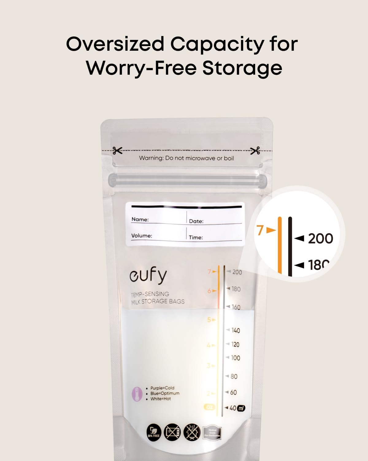 eufy Breast Milk Storage Bag with Temperature Sensing Color Change, Milk Storing Bags for Breastfeeding, 7 oz Disposable Storage Bags, Leakproof Milk Freeze Storage Pouches (120 Pieces)