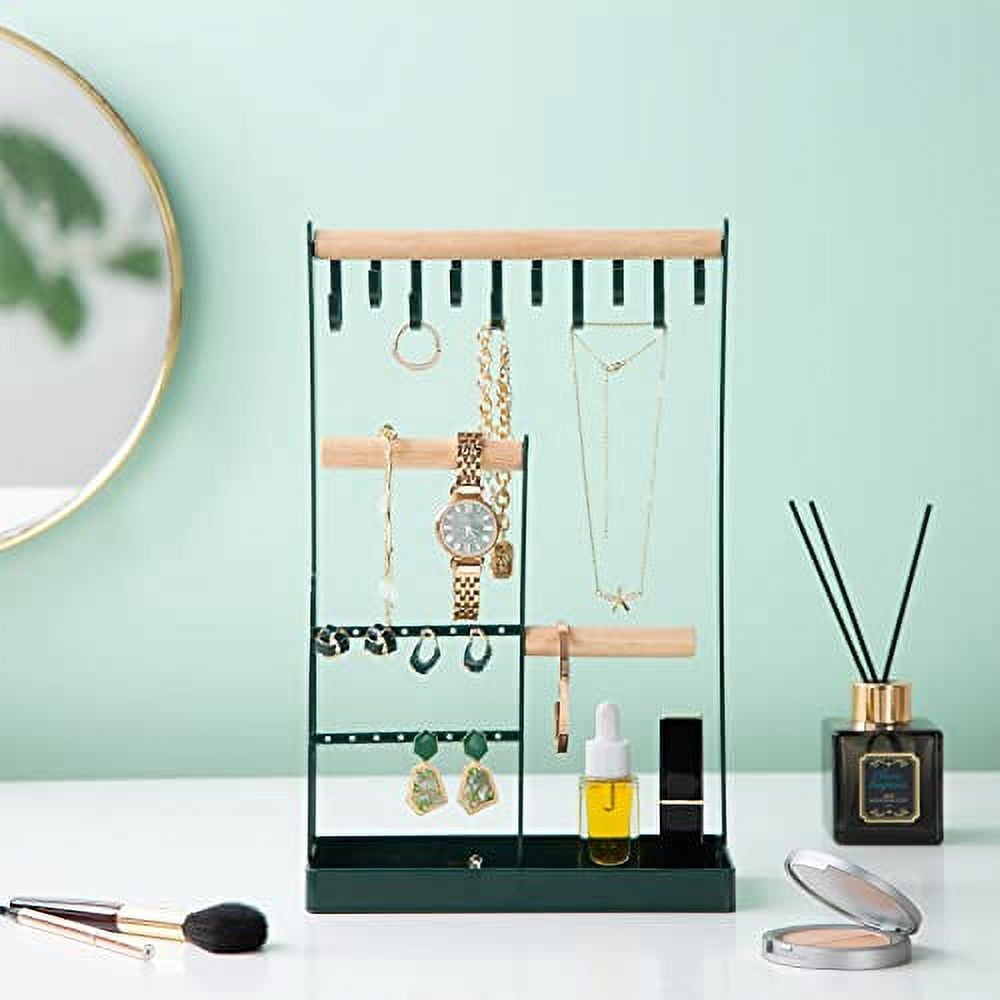 ProCase Jewelry Organizer Stand Necklace Holder, 4-Tier Jewelry Tower Rack with Earring Tray and Holes, 10 Hooks Necklaces Hanging Storage Tree Display for Bracelets Watches Earrings Rings -Green