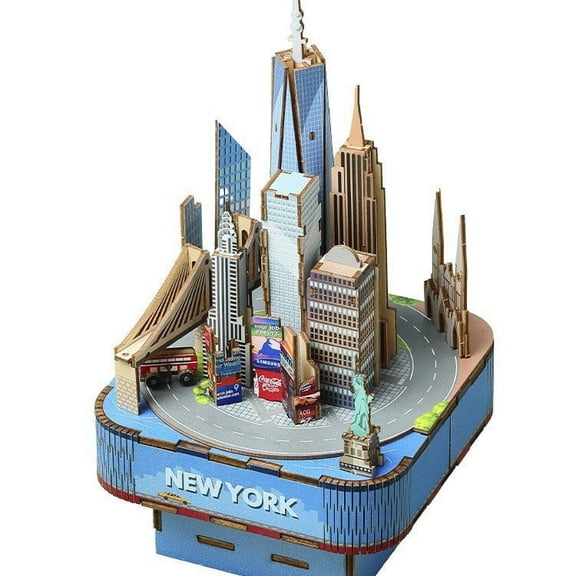 Stylish New York Wooden Music Box 3D Puzzle Building Model Toys for Best Gifts