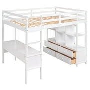 Euroco Full Loft Bed Wood Frame Desk with Drawers and Shelf for Kids Teens, White