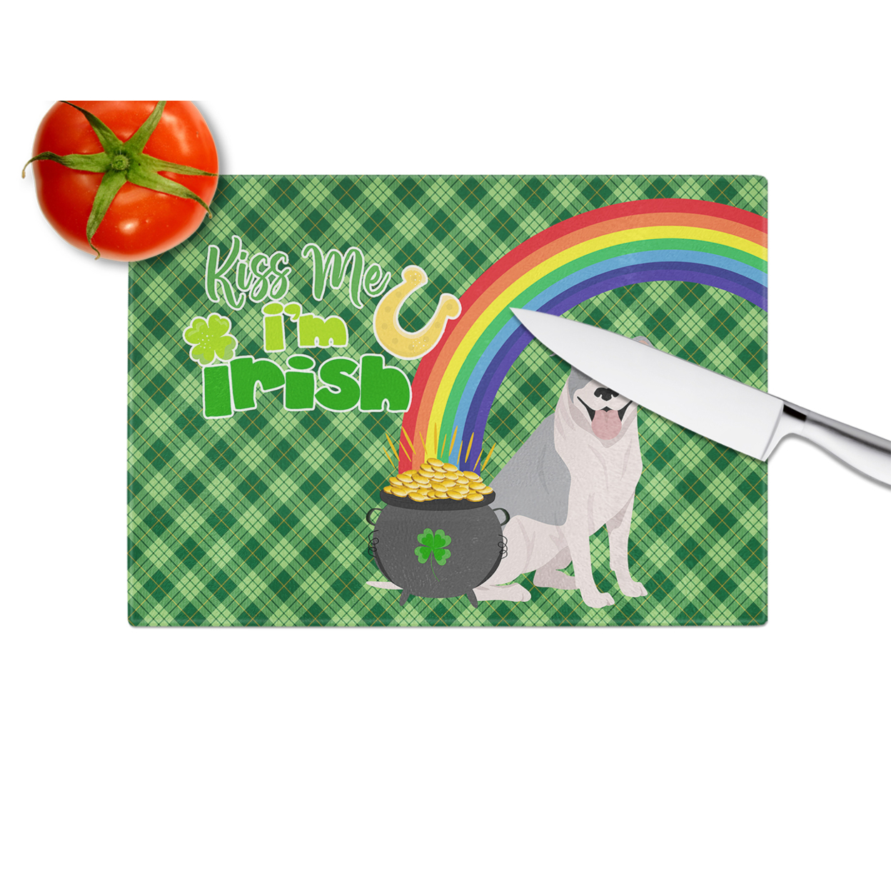 Blue and White Pit Bull Terrier St. Patrick's Day Glass Cutting Board Large 12 in x 15 in