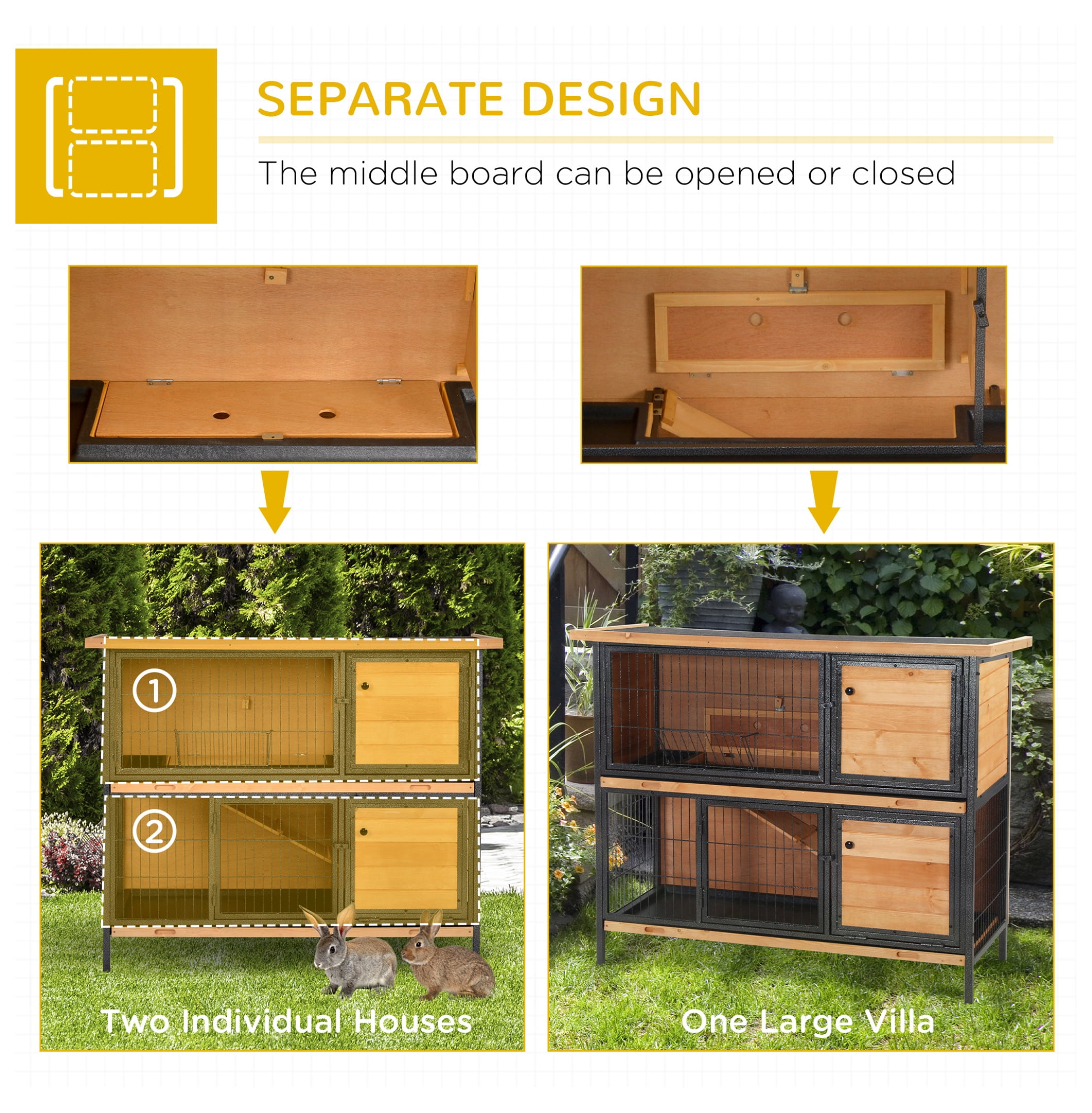 " 2-Story Large Rabbit Hutch Bunny Cage Wooden Pet House Metal Frame with Individual Room, Ramp, No Leak Tray, Feeding Trough, Waterproof Asphalt Roof for Outdoor/Indoor