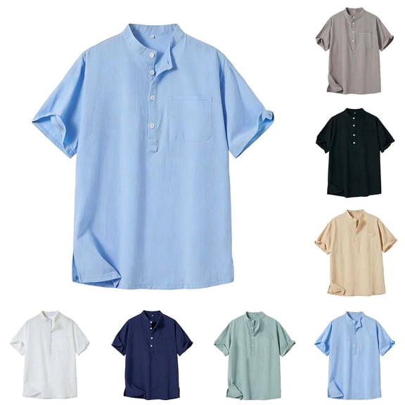 BiZtdJrK Plus Size Cotton Linen T Shirts for Men Side Slit Button Up Short Sleeve Casual Work Shirt Stand Collar Loose Fit Solid Summer Tee Tops Black M