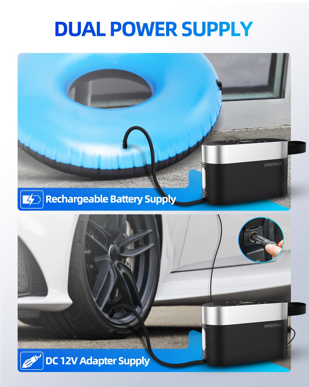 ShockFlo Cordless Tire Inflator Portable Air Compressor, 150PSI Dual-Power  Supply 7800mAh Battery  12V DC, Touch Screen Tire Pump Preset Smart  Modes Auto Shut Off, Emergency LED Light