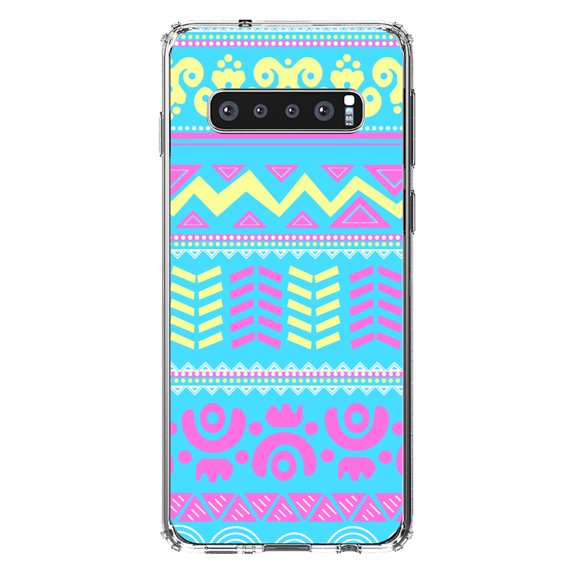 DistinctInk Clear Shockproof Hybrid Case for Samsung Galaxy S10  PLUS(6.4" Screen) - TPU Bumper, Acrylic Back, Tempered Glass Screen Protector - Yellow Pink Blue Aztec Tribal