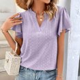 thumbnail image 2 of Blusa de manga con volantes huecos Escote en V Blusa de manga corta de color liso Top para mujer Lady Girl Púrpura M, 2 of 6