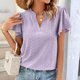 thumbnail image 2 of Hollow ruffle manga blusa V escote color liso manga corta blusa superior para mujer dama chica púrpura M, 2 of 6