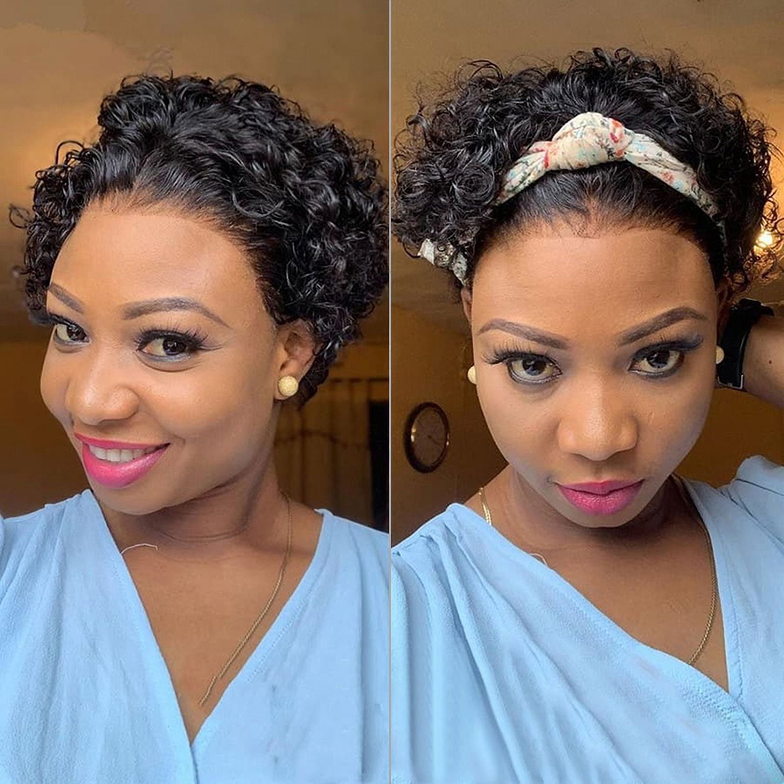 Short Pixie Cut Wigs for Women 6 Inch 13x1 Lace Front Human Hair Wigs Remy Brazilian Curly Wigs Transparent Lace Natural Black