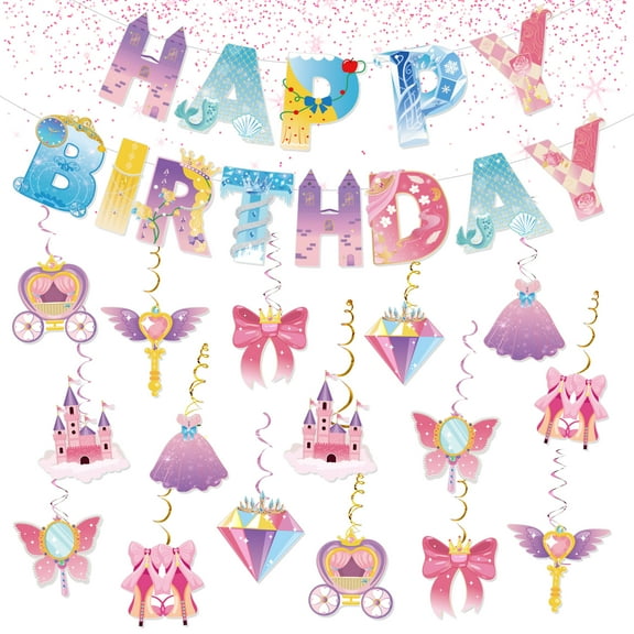 Sinekong Princess Birthday Party Decorations, 1pc Happy Birthday Banner, 16pcs Cute Hanging Swirls for Girls Baby Shower Decorations