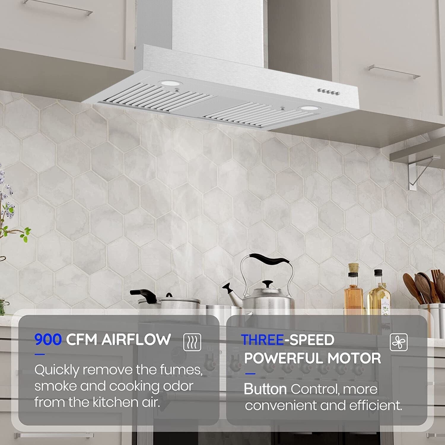 Joeaonz 30-Inch Wall-Mount Range Hood 900CFM Stainless Steel 3-Speed Exhaust with LED Bulbs