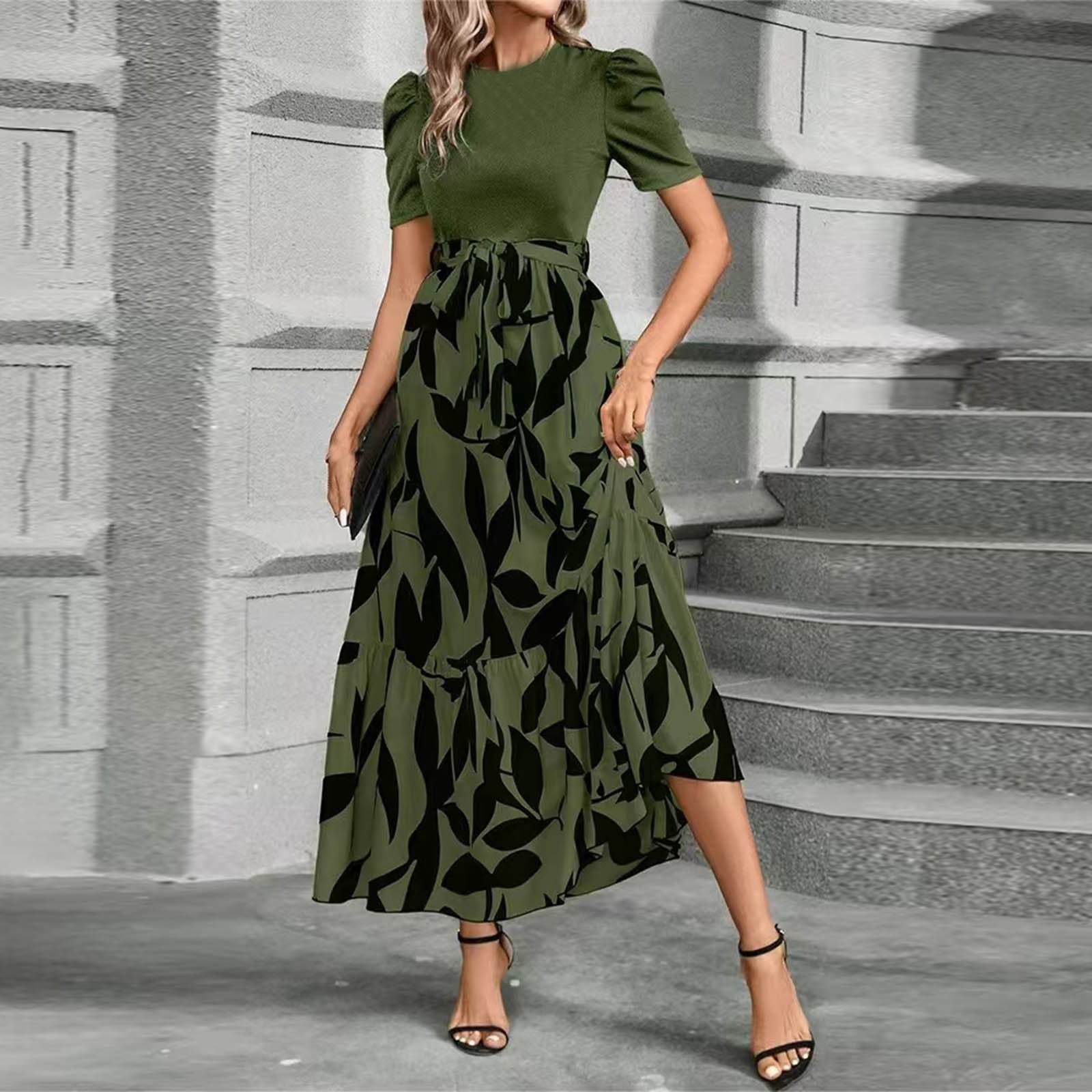 Tianiyouqing Women's Summer Wrap Maxi Dress Casual Boho Floral Crew Neck Short Sleeve Ruffle Hem Split Beach Long Dresses Army Green S Women's Summer Wrap Maxi Dress Casual Boho Floral Crew Neck Short Sleeve  Ruffle Hem Split Beach Long Dresses Army Green S - Walmart.com