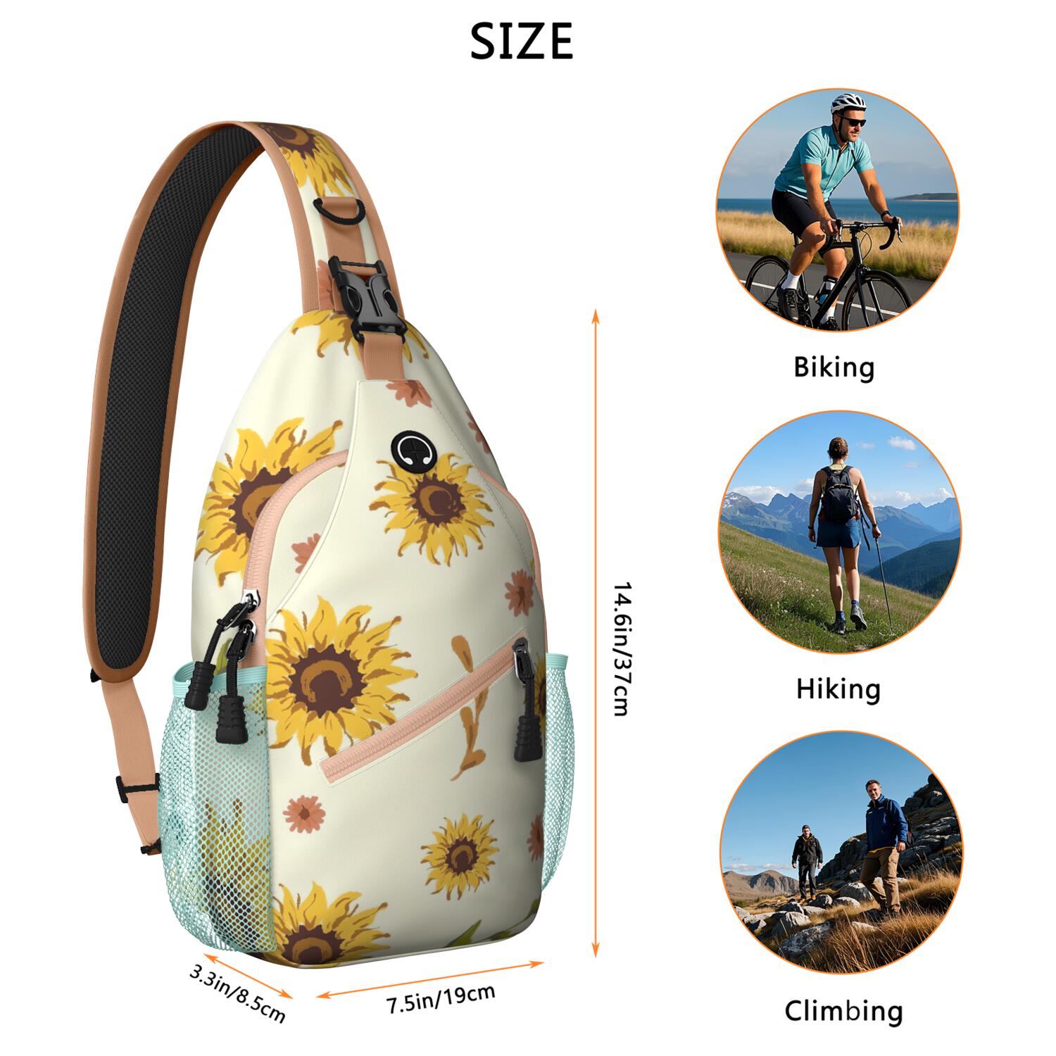 Country Sunflower Farm Theme Sling Bag Golden Floral Chest Backpack with Spacious Pockets Hands-Free Option for Men & Women
