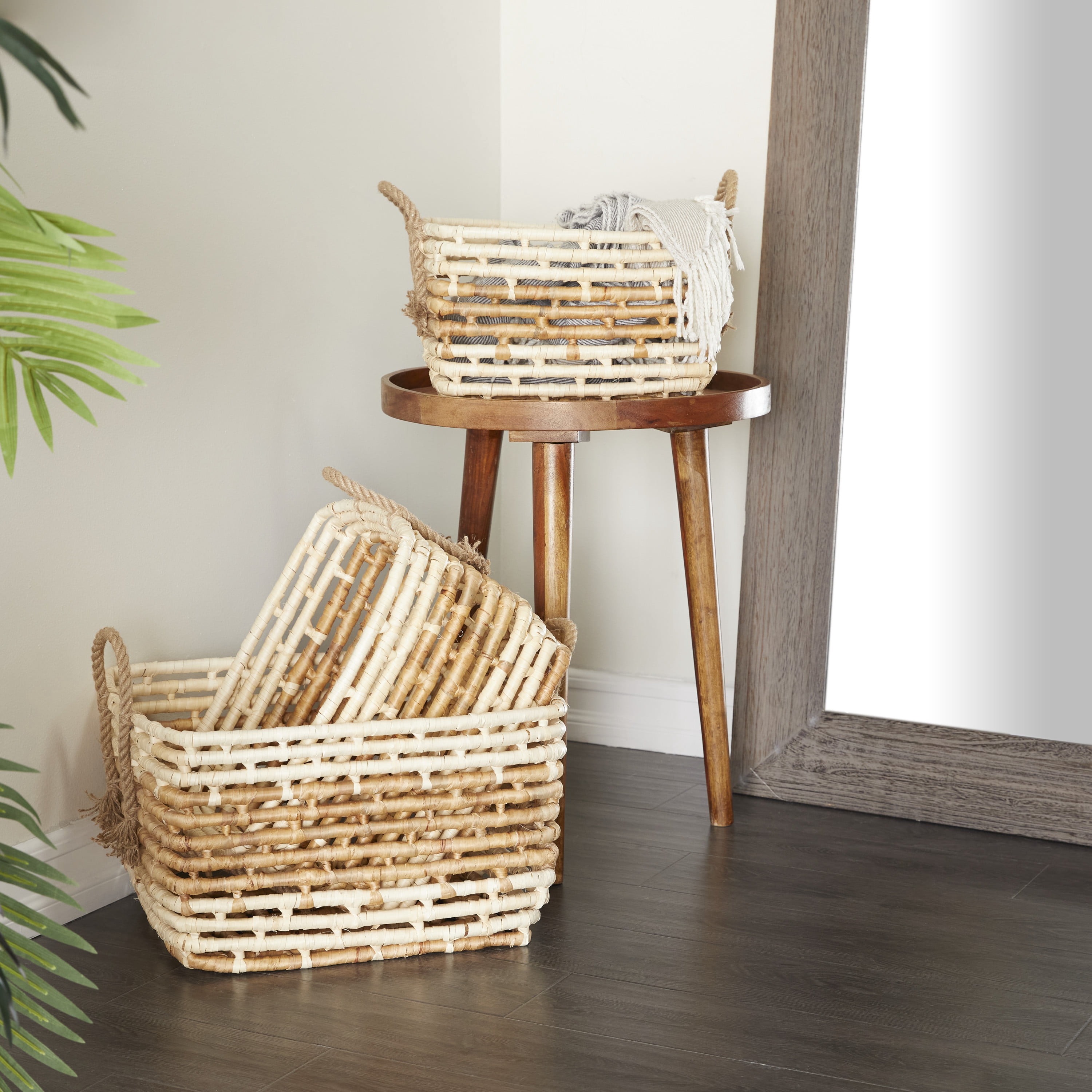 DecMode 16"W, 14"H Sea Grass Contemporary Storage Basket, Brown, 3-Piece