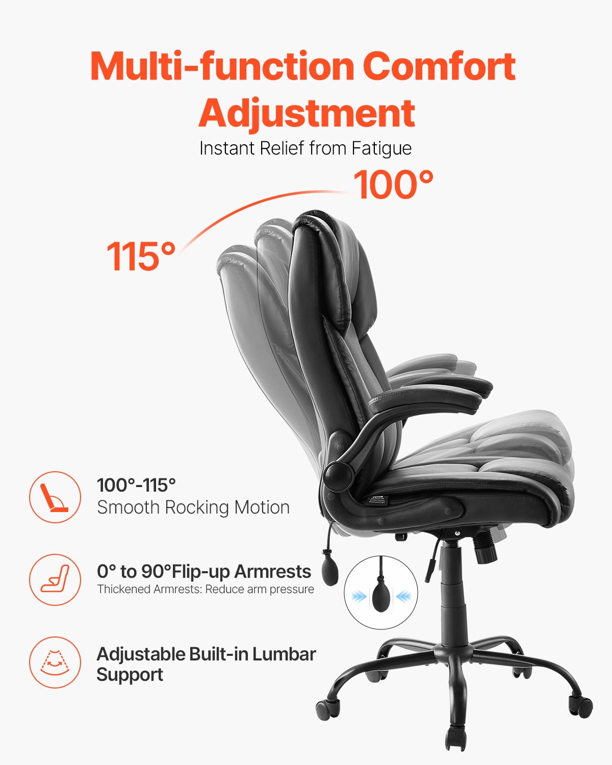 VEVOR Executive Office Chair with Lumbar Support, 300lb Capacity Office Chair with Flip-up Armrests & Lumbar Pillow, Height Adjustable Ergonomic Chair, PU Leather Reclining Home Office Desk Chairs