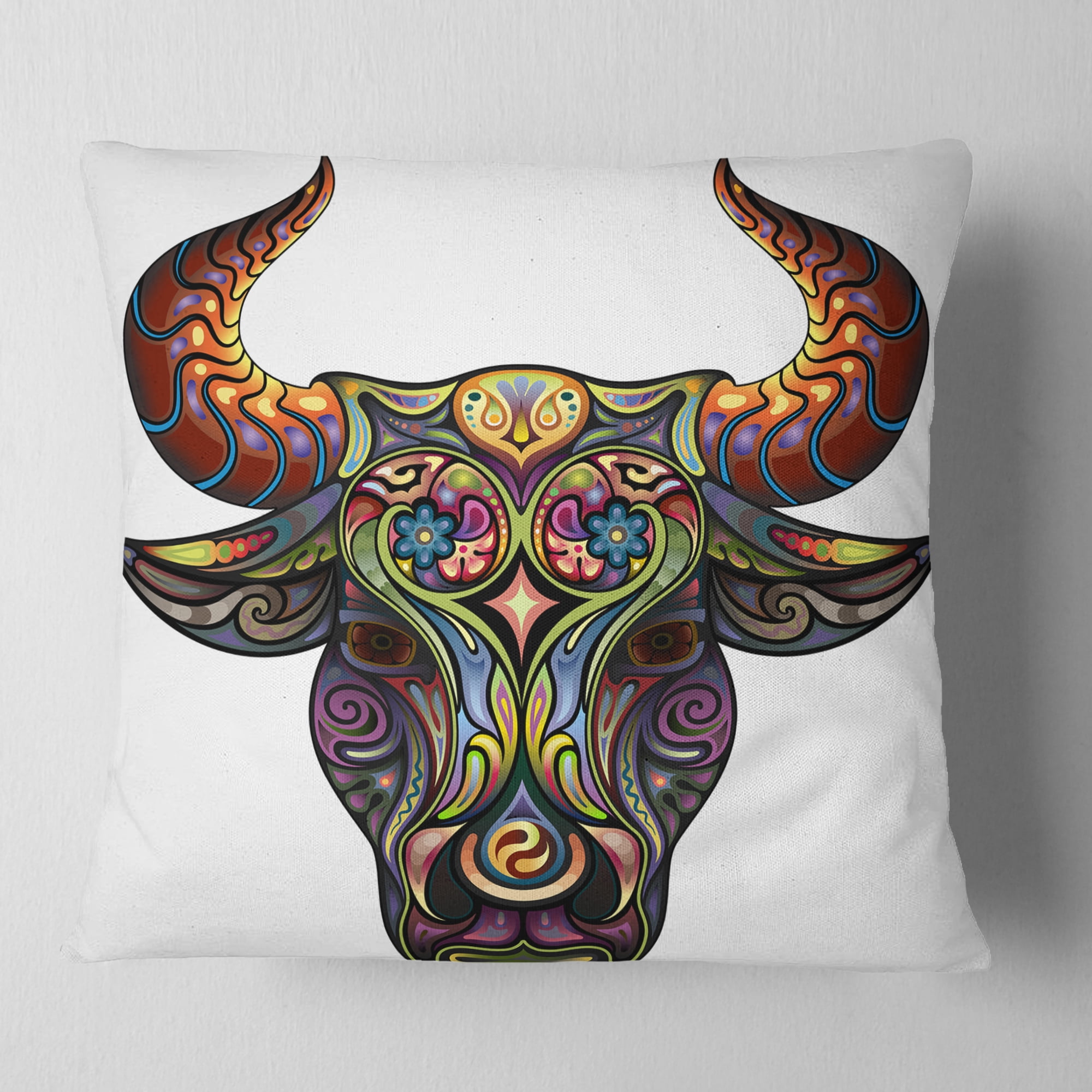 Designart Ornamental Bull - Animal Throw Pillow - 18x18