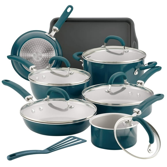 Rachael Ray Create Delicious 13 Piece Nonstick Aluminum Cookware Set, Teal Shimmer