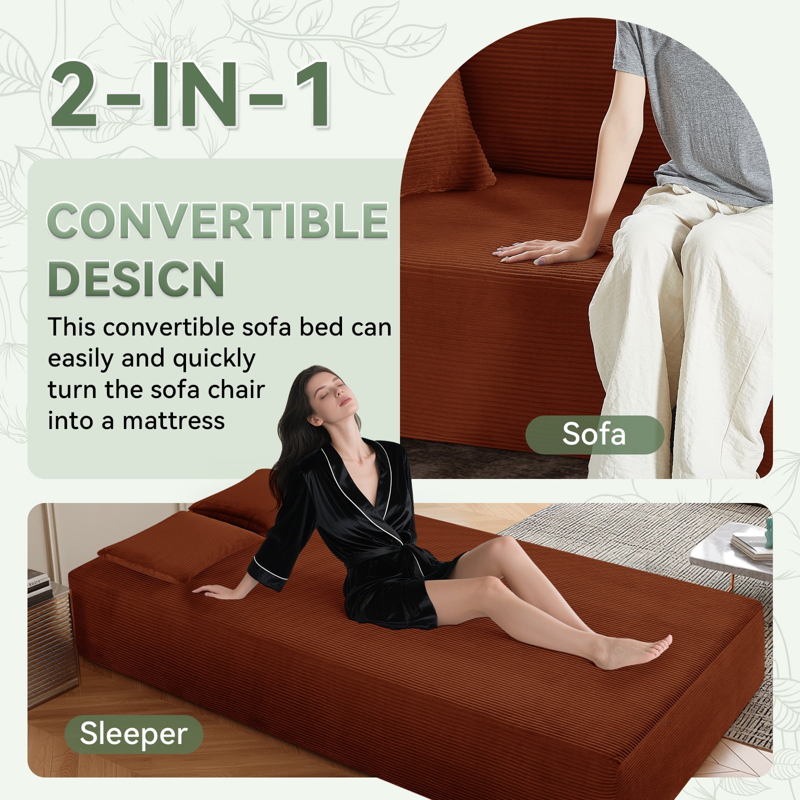 83" Seater Sofa Bed Couch with 4 Furry Pillows & Corduroy Fabric, No Assembly Sofa in a Box, Boneless Couch with Side Storage Pockets for Living Room, Bedroom, Office