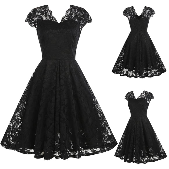 Gspmoly Women Dress, Women'S Summer Black V-Neck Lace Sleeveless Retro Dress Dress Cocktail Dress up to 60% Off