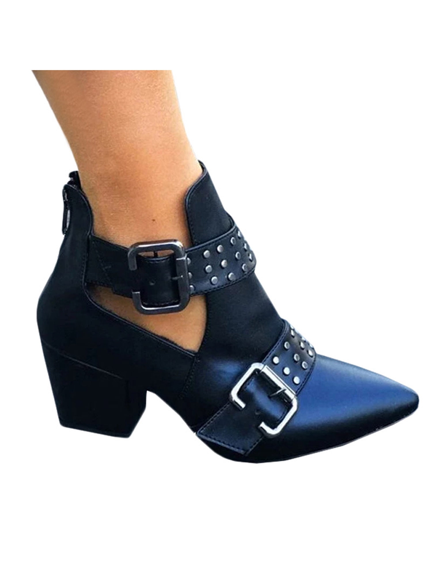 BIKETAFUWY Boots for Women Ankle Booties Cut Out Chunky Stacked Low Heel Boots Back Zipper Buckle Strap Shoes 