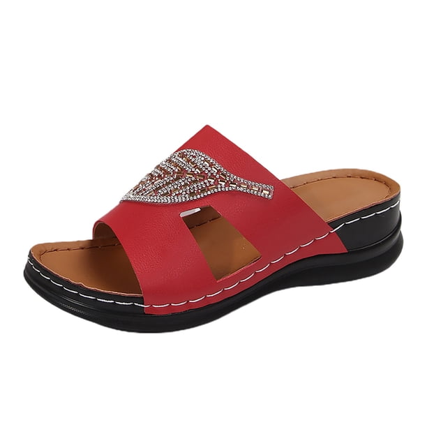 Bmisegm Women's Slope Heel Thick Bottom Rhinestone Large Size Slippers Sandals Womens Sandals Summer Red 6.5