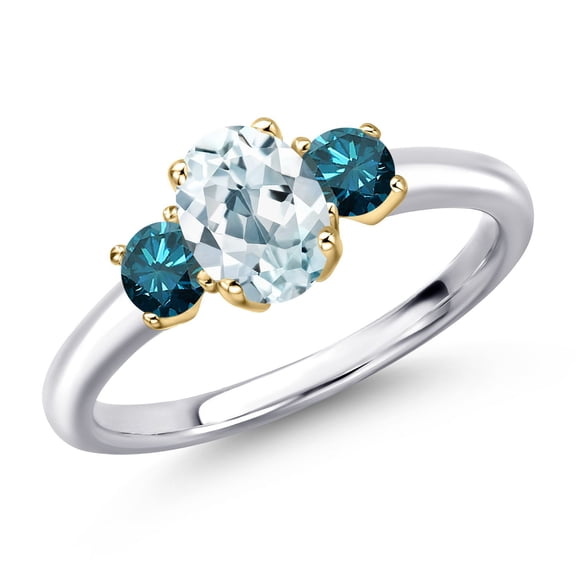 Gem Stone King 925 Silver and 10K Yellow Gold Sky Blue Aquamarine and Blue Diamond Engagement Ring for Women | 1.05 Cttw | Oval 7X5MM | Gemstone March Birthstone | Size 5
