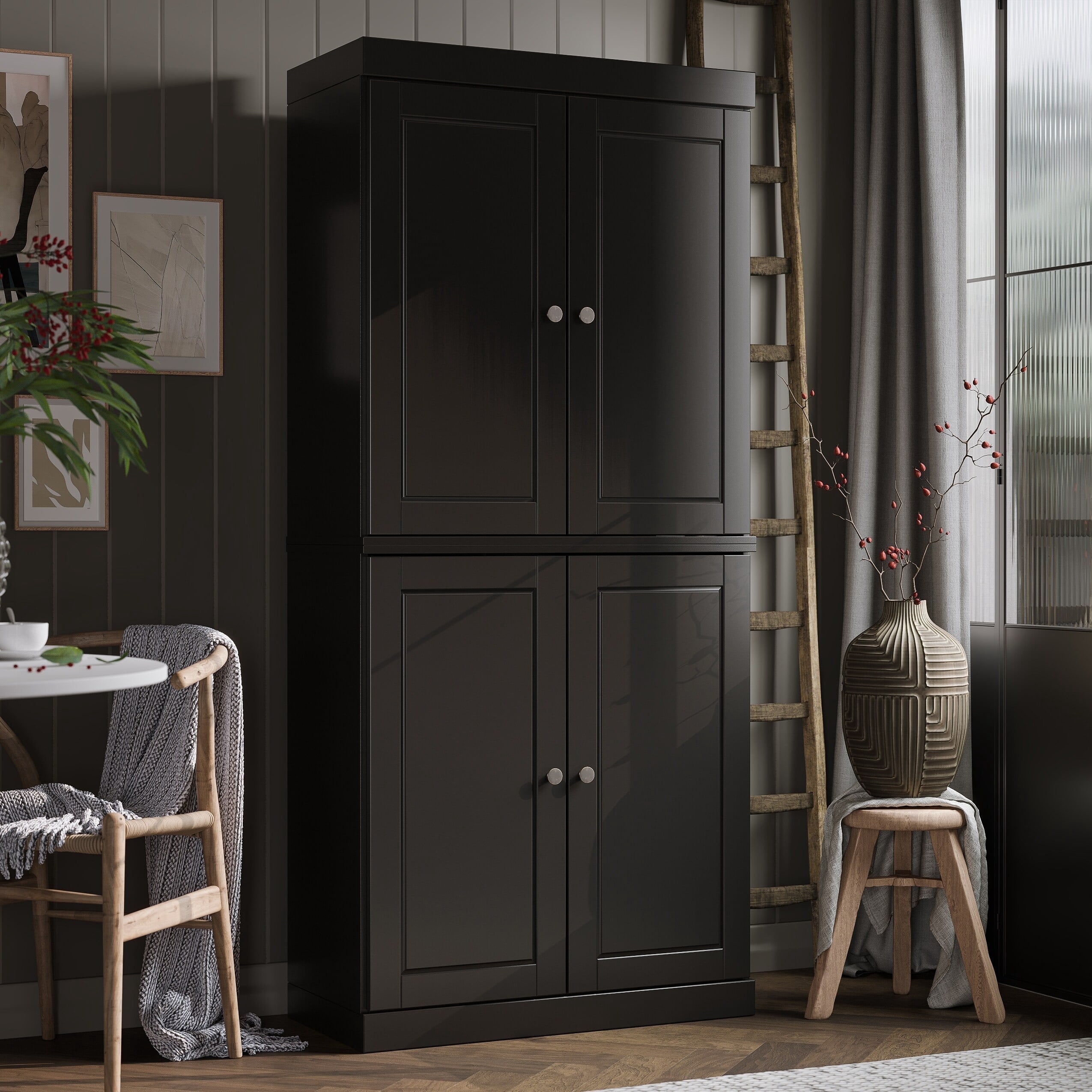 Palace Imports 100% Solid Wood Kitchen Pantry Storage Cabinet with Solid Doors and Adjustable Shelves, Black