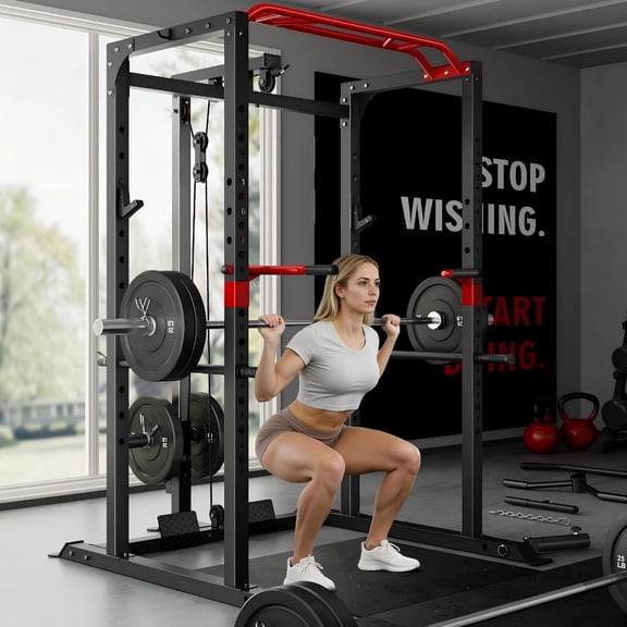 Allviate Squat Rack for Home Gym,2000lbs Power Rack Squat Machine with LAT Pulldown and More Training Attachments,Weight Rack with Adjustable Pulley System for Full Body Workout,Black