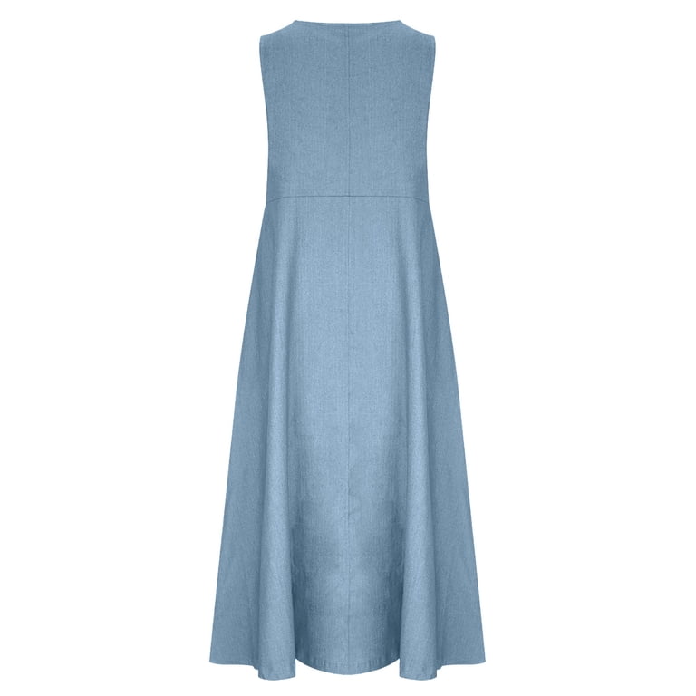 Ussuma Flowy Denim Long Loose Dress for Women Sleeveless A-Line Swing Ruffle Jean Dress with Pockets Solid Color Summer Casual Cool Comfortable Daily Outings and Leisure