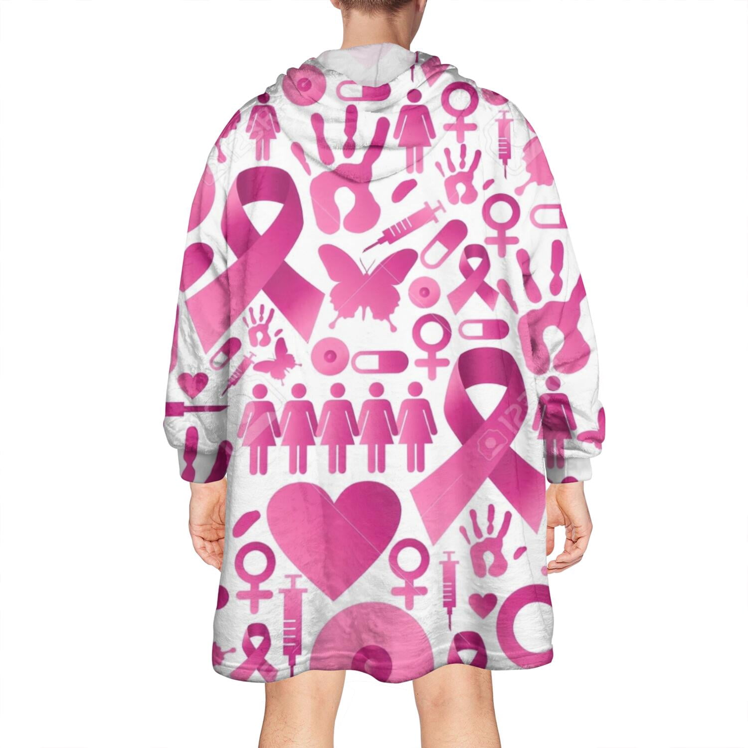 Wearable Oversized Blanket,Pink Breast Cancer Wearable Blanket Hoodie for Adults,Cozy Hooded Blankets with Super Pockets,Super Warm Fuzzy Pullover for Women & Men