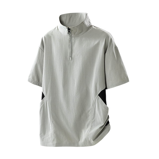 Lovzfmll Color Block Sports Jacket for Men, Lightweight Short Sleeve Zip Front Top with Stand Collar & Pockets, Casual Training Layer