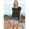 thumbnail image 4 of Women Tassel Knitted Crochet Mesh Crop Top Sexy- Short Sleeve Fishnet Top See Through Cover Up Black S, 4 of 7