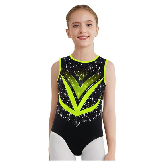 Mufeng Kids Girls Sparkly Gymnastics Leotard Sleeveless Crisscross Back Ballet Dance Bodysuit Diamond Activewear Fluorescent Green 14