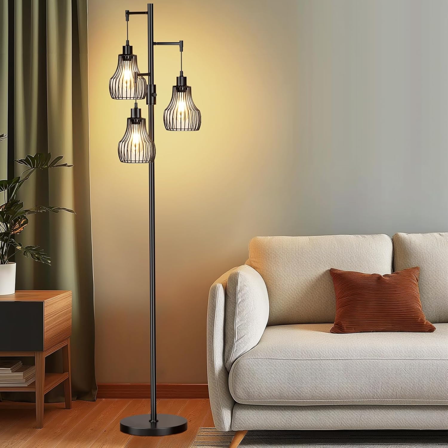 75.2" Tall Industrial Floor Lamp with 3 Unique Birdcage Shade Design, Dimmable LED Edison Bulbs Included, Modern Standing Lamp for Living Room, Bedroom, Office – Extra Height for Ultimate Ambiance