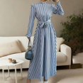 thumbnail image 3 of MORTTIC Women's Floral Print A-Line Stand Collar Elegant Lantern Long Sleeve Maxi Dress Waist Detail Ruffle Hem Blue S, 3 of 6