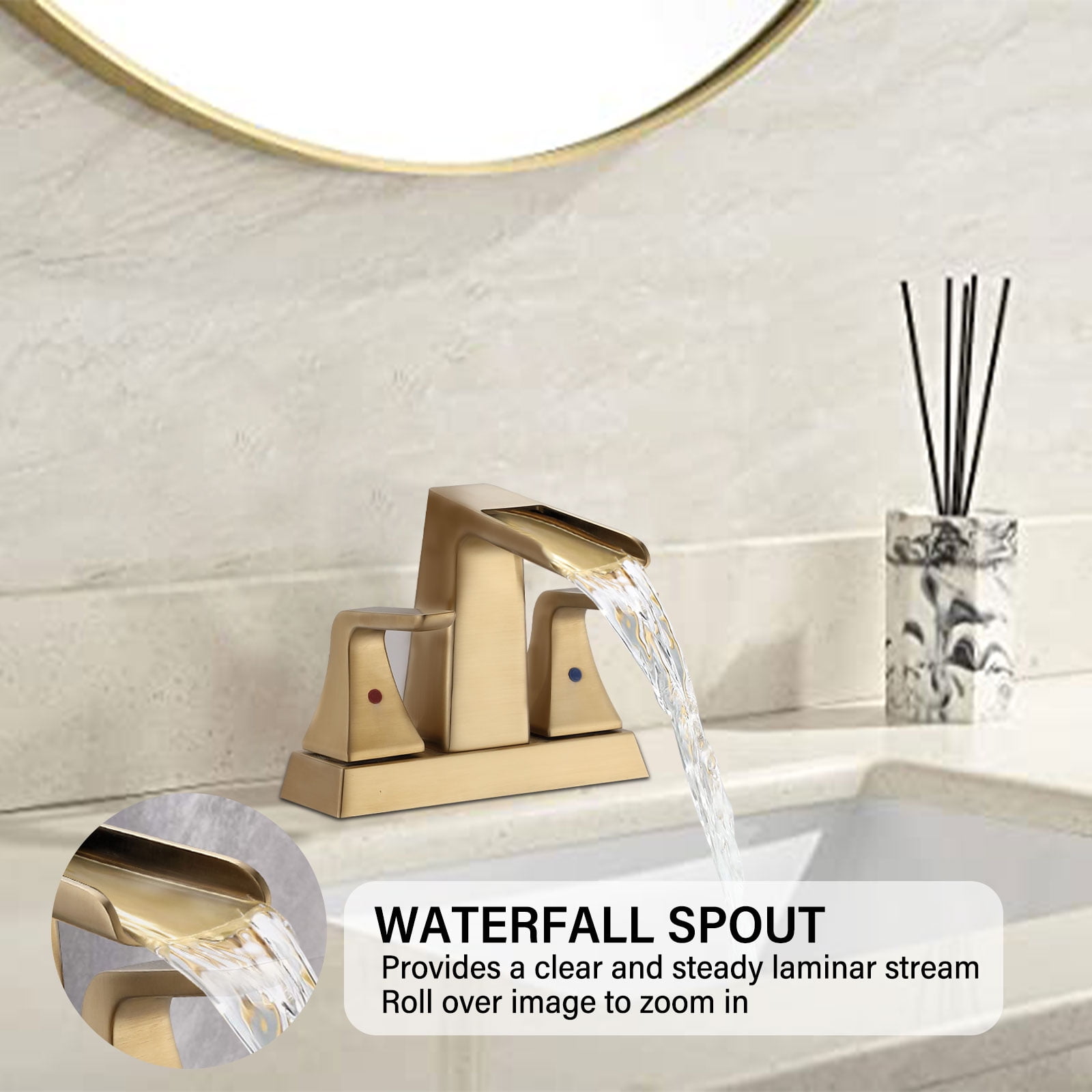 MAYEERTY Modern Brushed Golden 4" Centerset 2-Handle Waterfall Bathroom Sink Faucet Ceramic Cartridge