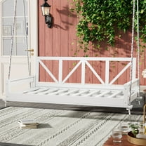 TOPMAX Acacia Wood Twin Size Patio Swing Bed Modern Porch Swing Hanging Bed Frame with 16.4ft Hemp Ropes for Garden,Backyard,White