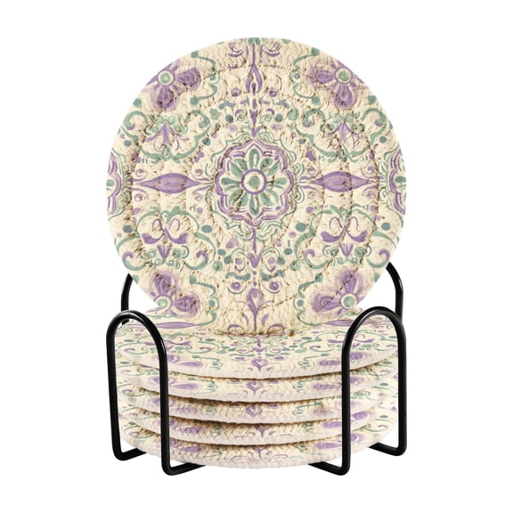 WOBOGO Intricate Indian Patterns Coil Coasters Set of 6 Minimalist Cotton Woven 3.94 inch Non-Slip Insulated and Absorbent Home Accessories.