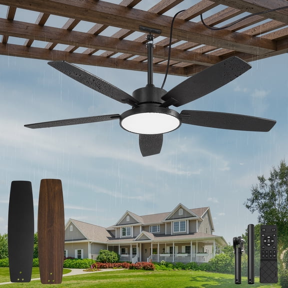 Zardon 52" Ceiling Fan with Light and Remote Control, Waterproof Ceiling fans for Outdoor Patio Gazebo Porch Pergola, 6 Speed, Black