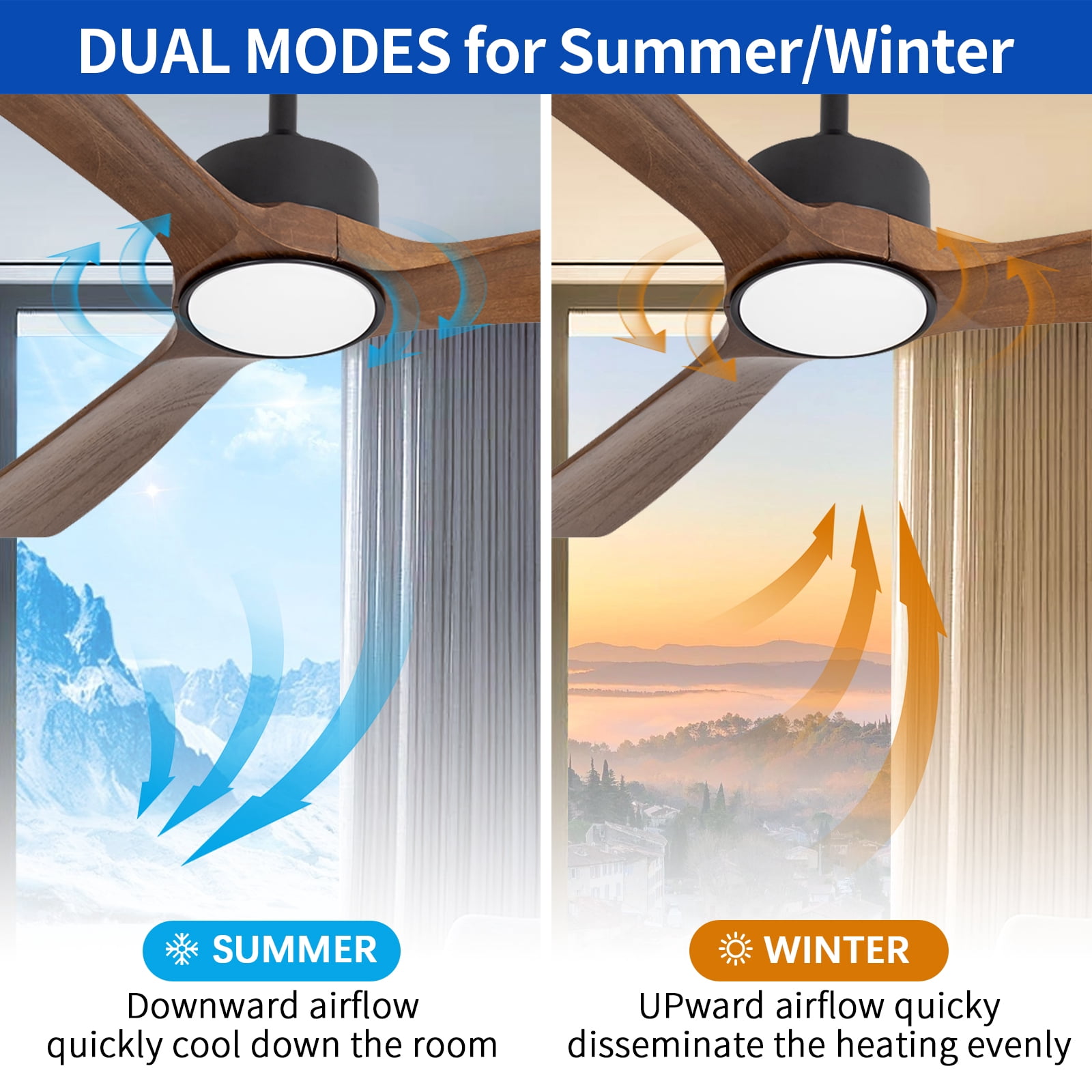 WOZZIO 52 inch Ceiling Fans with Light and Remote Control,3 Dark Brown Solid Wood Blades, Home