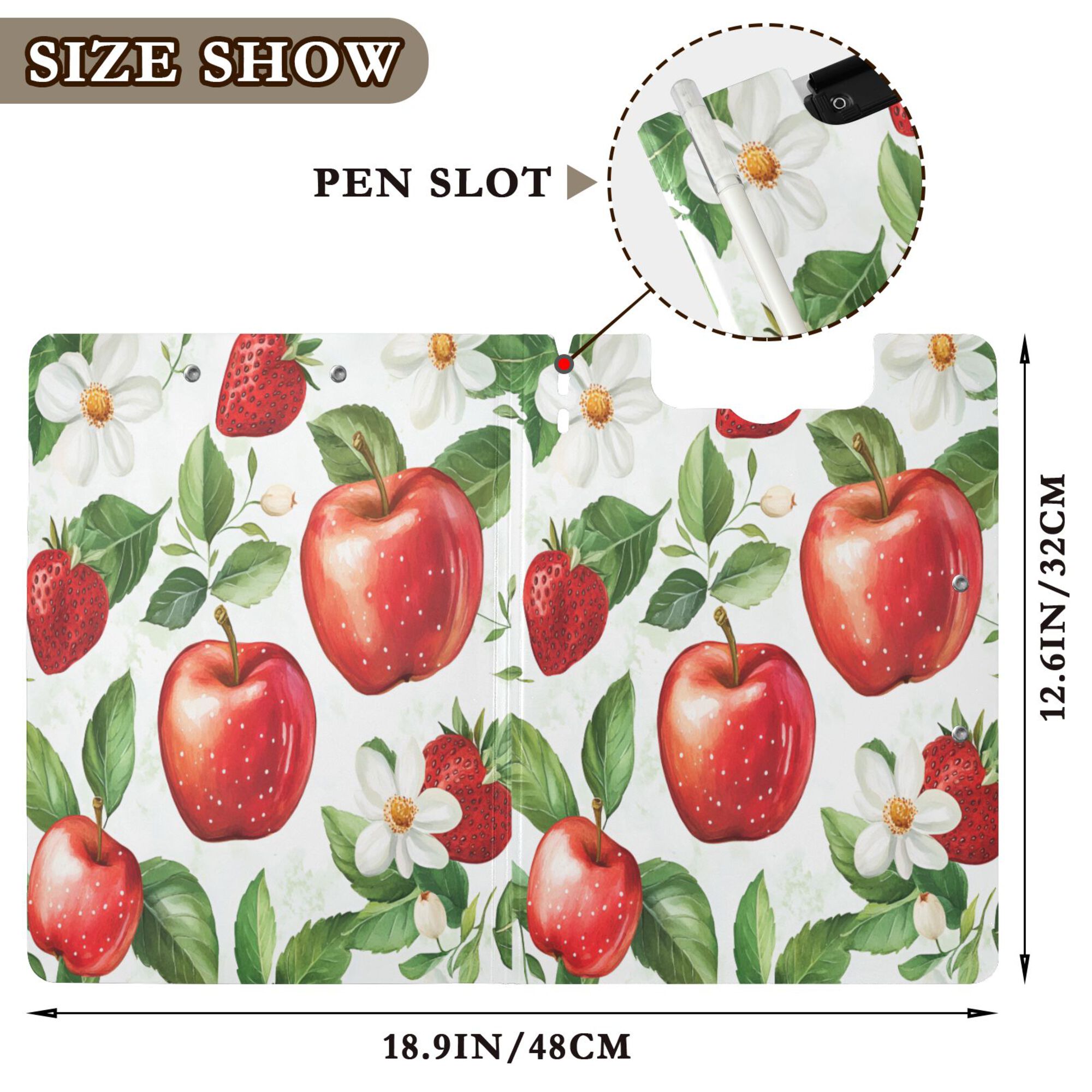 FORMRS A4 Clipboard Folder with Pen Holder Horizontal Foldable School Office Binder, Apple Pattern