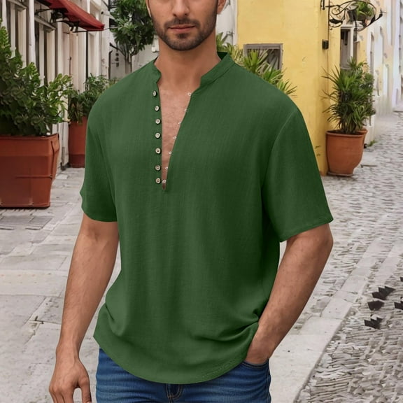 DPTALR George Men's Deep V Neck Waffle Knit Shirt,Casual Short Sleeve Solid Tees,Army Green,Big and Tall Men L