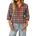 thumbnail image 2 of Garbnen Women's 3/4 Sleeve Shirts Fashion Plaid Color Block Womens Henley Shirt Spring Summer Elbow Length Sleeve Button Women Blouse, 2 of 4