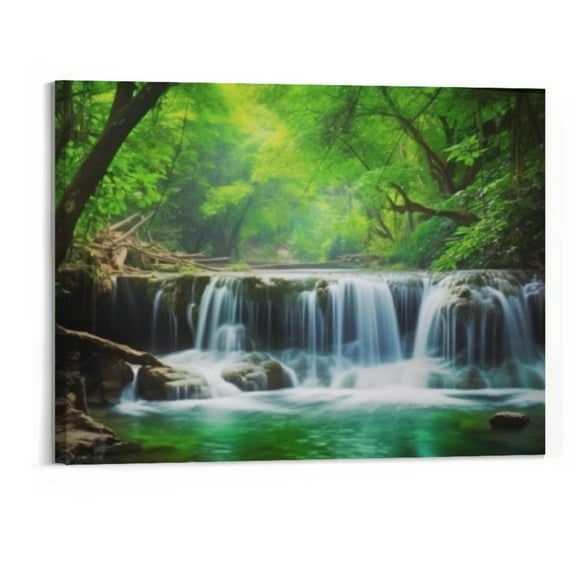 Shiartex  all Art Tropical Beautiful Waterfall Prints Light Green Forest Natural Landscape Picture Canvas Paintings Creek Scenery Spring for Home Wall Decor Artwork 20x16 inch