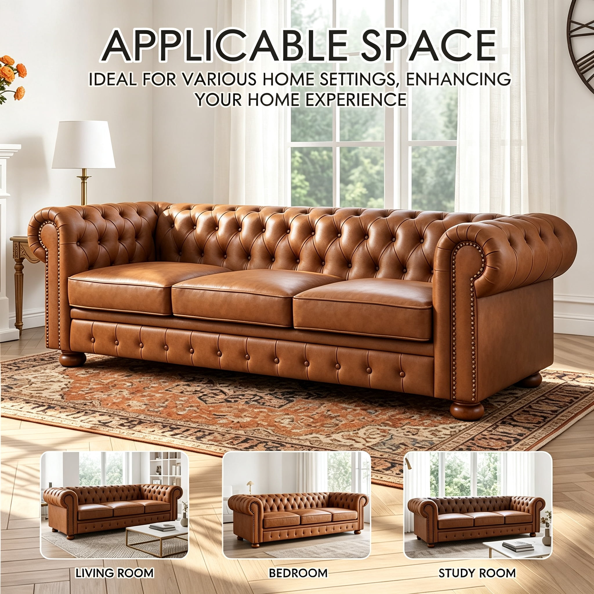 81" Brown Chesterfield Faux Leather Sofa, Rolled Arm 3 Seater Couch, Button Tufted Back, Nailhead Trim, Individual Cushions, Solid Wood Legs for Living Room, Office, Apartment