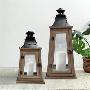 Rustic Wood and Metal Candle Lantern, Medium